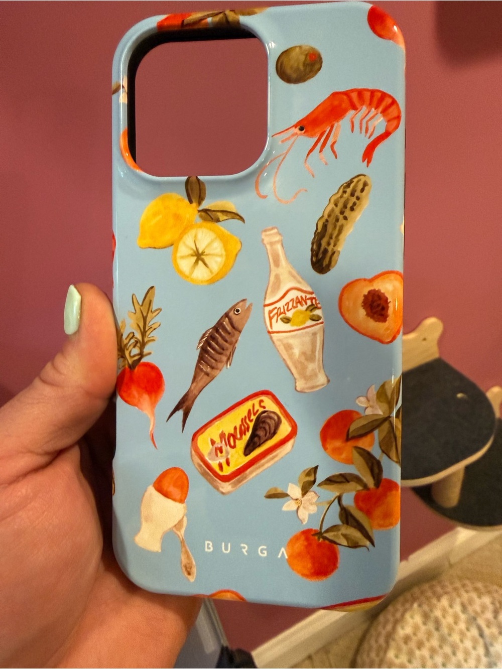BURGA Phone Case - Light Blue Fruit & Seafood Pattern iPhone 16 pro Max